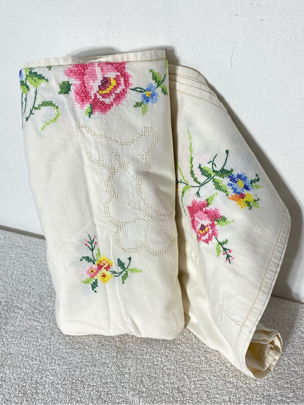 Vintage Hand Embroidered Cross Stitch Floral Tablecloth 46x64 Cottagecore